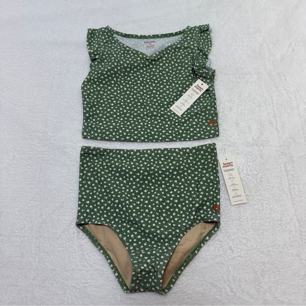 NWT Honeymark 7/8Y Girls Green Polka Floral Olive Green Two-Piece Swimsuit Beach